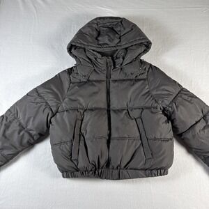 Aeropostale Puffer Jacket Womens Medium Gray Hooded Full Zip Remixed Down Warm